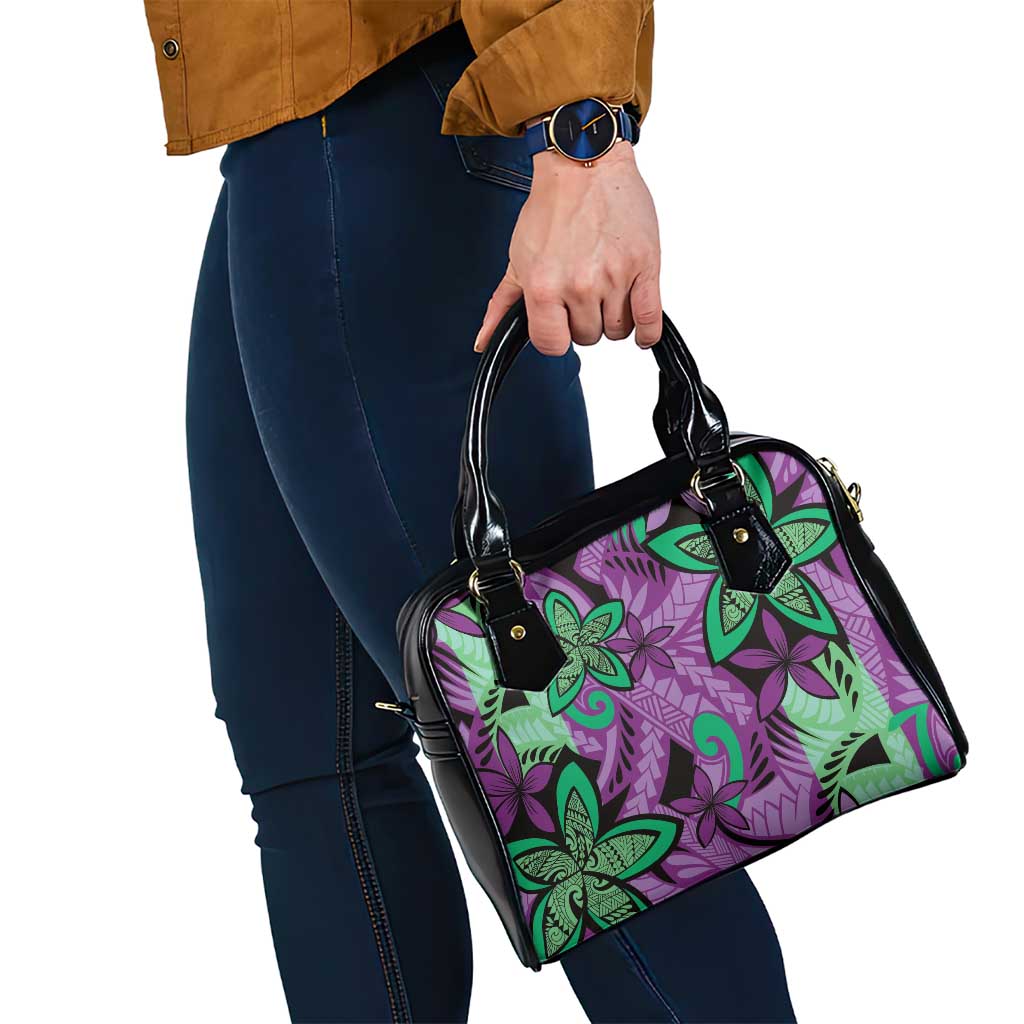 Plumeria Polynesian Pattern Shoulder Handbag Unique Fantasy Purple Green