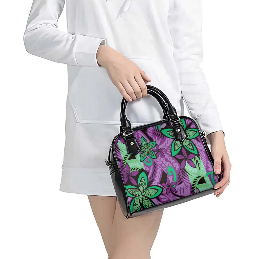 Plumeria Polynesian Pattern Shoulder Handbag Unique Fantasy Purple Green
