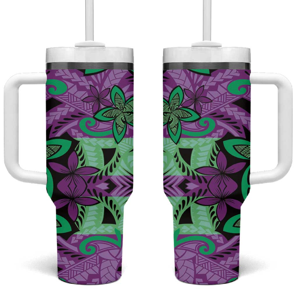 Plumeria Polynesian Pattern Tumbler With Handle Unique Fantasy Purple Green LT01 One Size: 40 oz Purple - Polynesian Pride