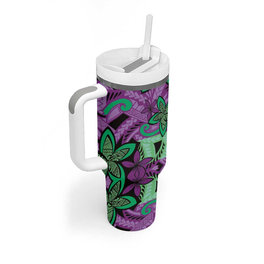 Plumeria Polynesian Pattern Tumbler With Handle Unique Fantasy Purple Green LT01 - Polynesian Pride