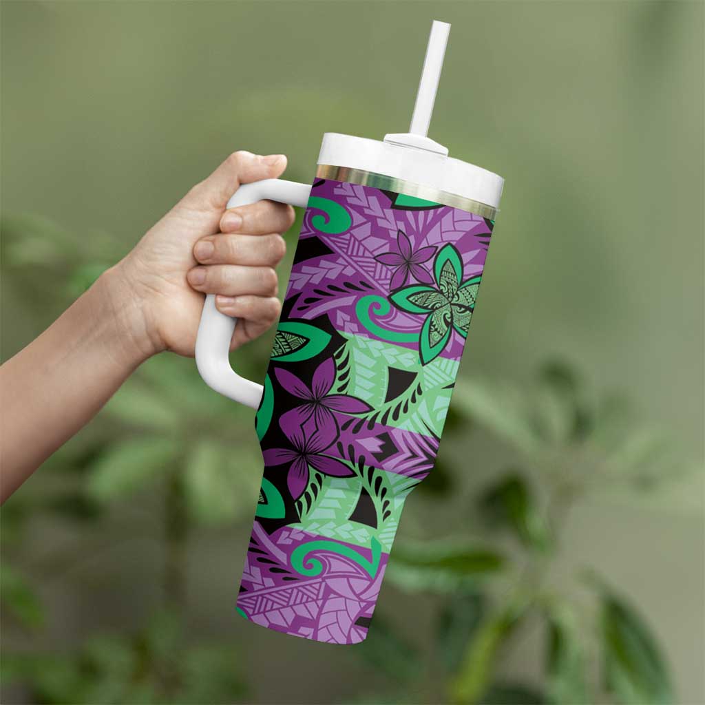 Plumeria Polynesian Pattern Tumbler With Handle Unique Fantasy Purple Green LT01 - Polynesian Pride
