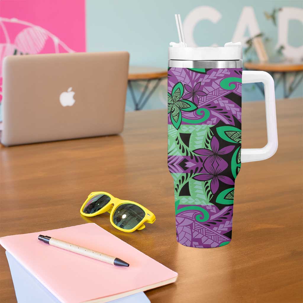 Plumeria Polynesian Pattern Tumbler With Handle Unique Fantasy Purple Green LT01 - Polynesian Pride