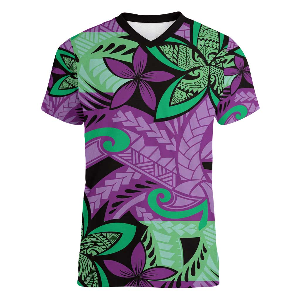 Plumeria Polynesian Pattern Women V-Neck T-Shirt Unique Fantasy Purple Green LT01 Female Purple - Polynesian Pride