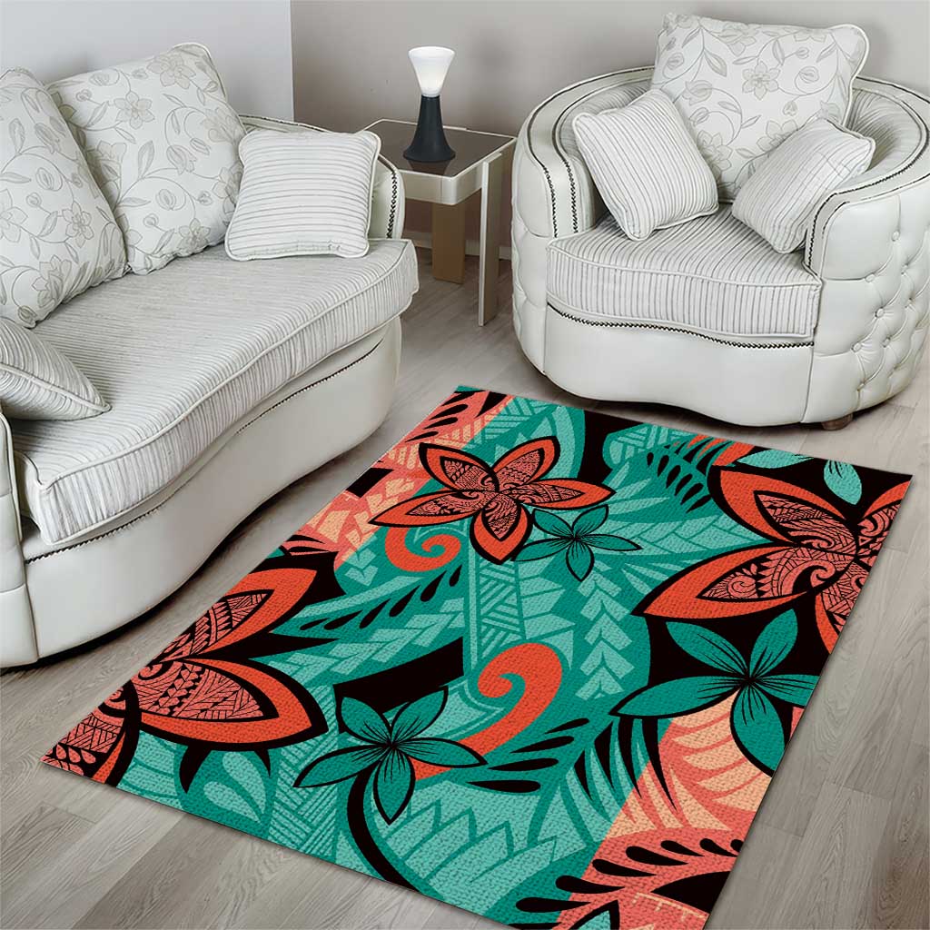 Plumeria Polynesian Pattern Area Rug Unique Fantasy Teal Orange