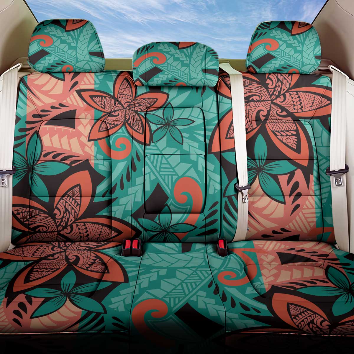 Plumeria Polynesian Pattern Back Car Seat Cover Unique Fantasy Teal Orange