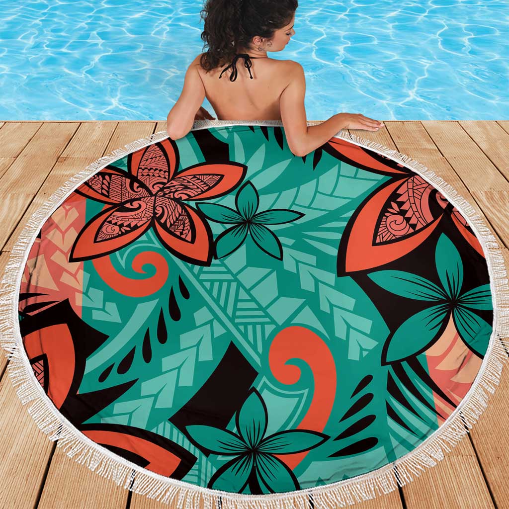 Plumeria Polynesian Pattern Beach Blanket Unique Fantasy Teal Orange