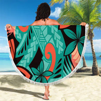 Plumeria Polynesian Pattern Beach Blanket Unique Fantasy Teal Orange