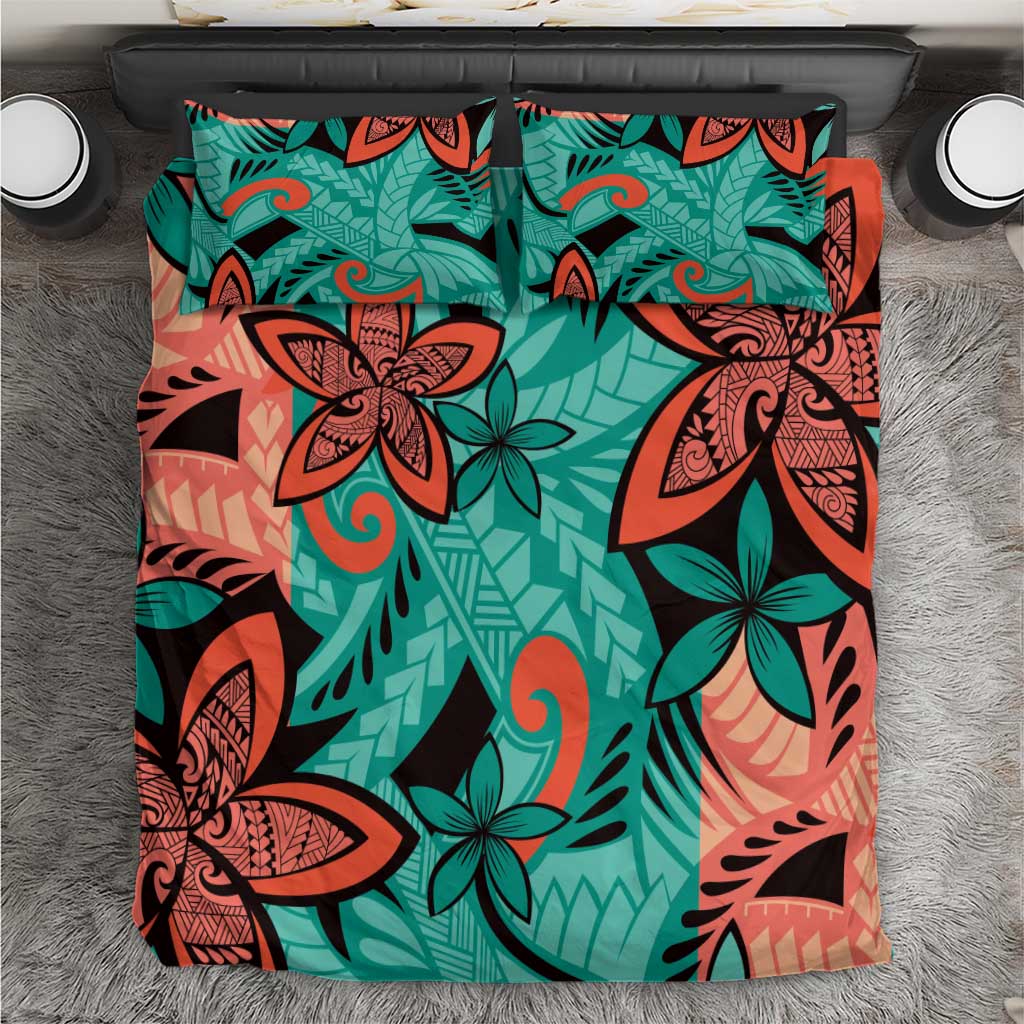 Plumeria Polynesian Pattern Bedding Set Unique Fantasy Teal Orange