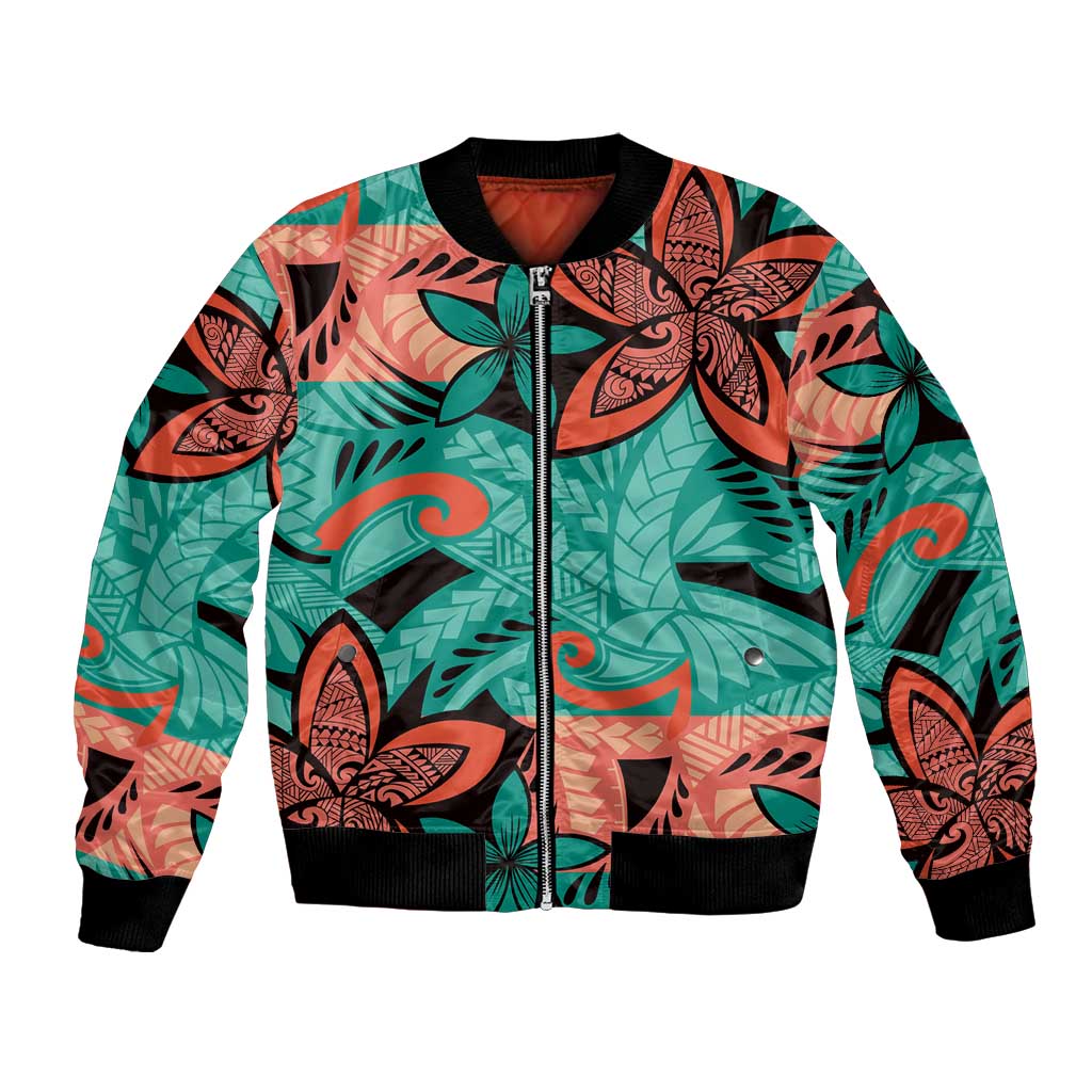 Plumeria Polynesian Pattern Bomber Jacket Unique Fantasy Teal Orange LT01 Unisex Teal - Polynesian Pride
