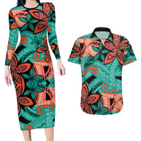 Plumeria Polynesian Pattern Couples Matching Long Sleeve Bodycon Dress and Hawaiian Shirt Unique Fantasy Teal Orange LT01 Teal - Polynesian Pride