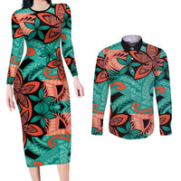 Plumeria Polynesian Pattern Couples Matching Long Sleeve Bodycon Dress and Long Sleeve Button Shirt Unique Fantasy Teal Orange LT01 Teal - Polynesian Pride