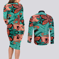 Plumeria Polynesian Pattern Couples Matching Long Sleeve Bodycon Dress and Long Sleeve Button Shirt Unique Fantasy Teal Orange LT01 - Polynesian Pride