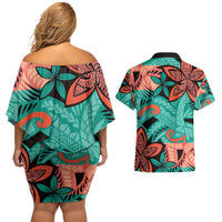 Plumeria Polynesian Pattern Couples Matching Off Shoulder Short Dress and Hawaiian Shirt Unique Fantasy Teal Orange LT01 - Polynesian Pride