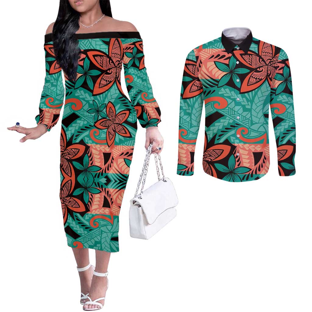 Plumeria Polynesian Pattern Couples Matching Off The Shoulder Long Sleeve Dress and Long Sleeve Button Shirt Unique Fantasy Teal Orange LT01 Teal - Polynesian Pride