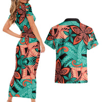 Plumeria Polynesian Pattern Couples Matching Short Sleeve Bodycon Dress and Hawaiian Shirt Unique Fantasy Teal Orange LT01 - Polynesian Pride