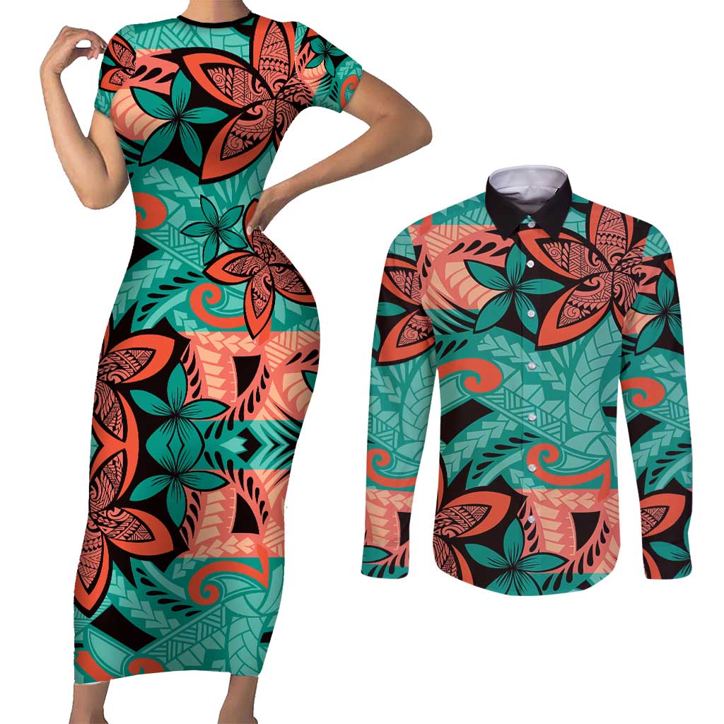 Plumeria Polynesian Pattern Couples Matching Short Sleeve Bodycon Dress and Long Sleeve Button Shirt Unique Fantasy Teal Orange LT01 Teal - Polynesian Pride