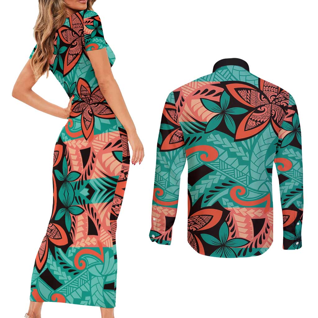 Plumeria Polynesian Pattern Couples Matching Short Sleeve Bodycon Dress and Long Sleeve Button Shirt Unique Fantasy Teal Orange LT01 - Polynesian Pride