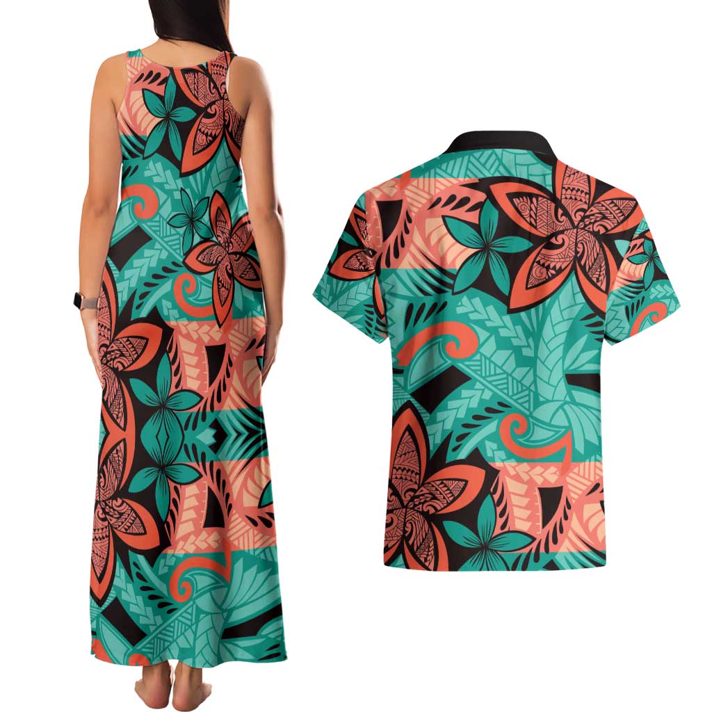 Plumeria Polynesian Pattern Couples Matching Tank Maxi Dress and Hawaiian Shirt Unique Fantasy Teal Orange LT01 - Polynesian Pride