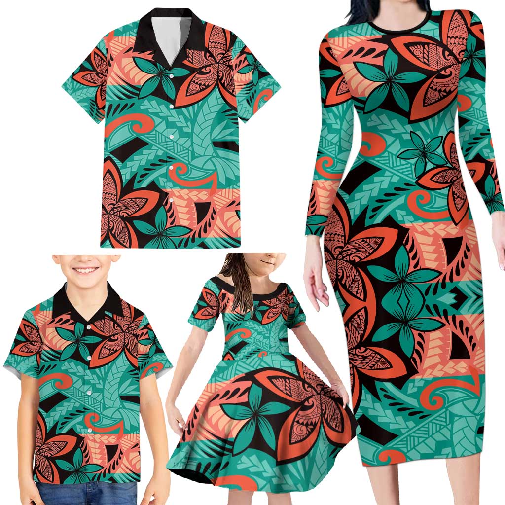 Plumeria Polynesian Pattern Family Matching Long Sleeve Bodycon Dress and Hawaiian Shirt Unique Fantasy Teal Orange LT01 - Polynesian Pride