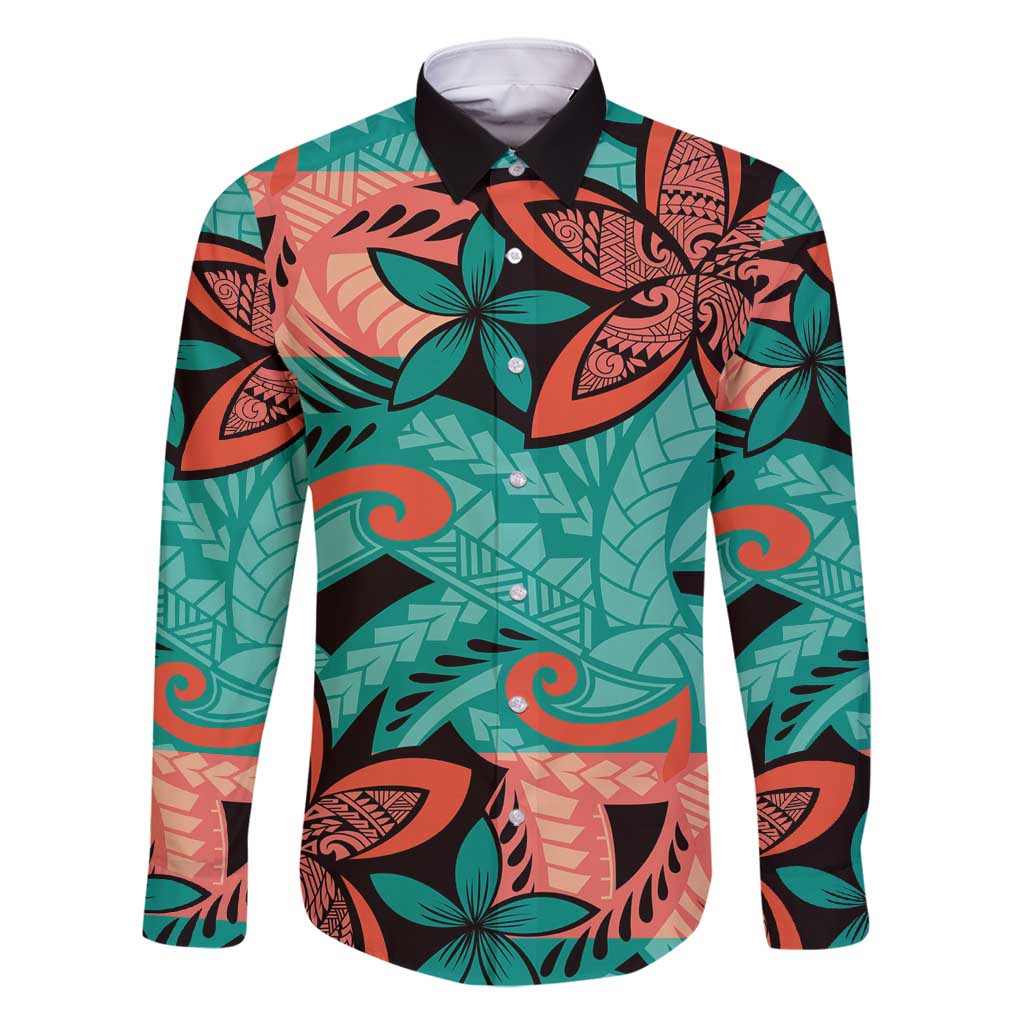 Plumeria Polynesian Pattern Family Matching Long Sleeve Bodycon Dress and Hawaiian Shirt Unique Fantasy Teal Orange