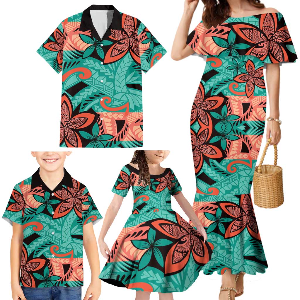 Plumeria Polynesian Pattern Family Matching Mermaid Dress and Hawaiian Shirt Unique Fantasy Teal Orange LT01 - Polynesian Pride