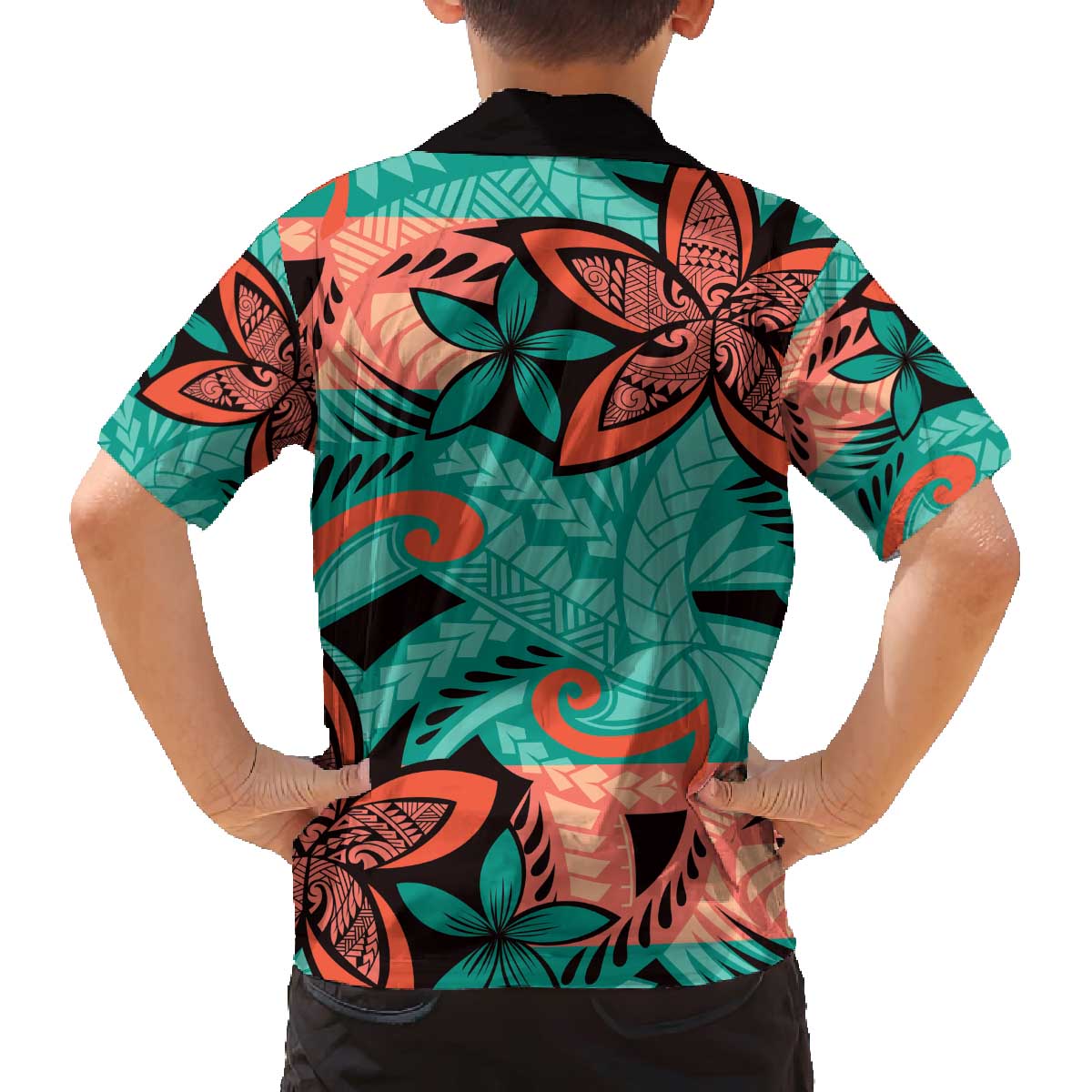 Plumeria Polynesian Pattern Family Matching Off The Shoulder Long Sleeve Dress and Hawaiian Shirt Unique Fantasy Teal Orange