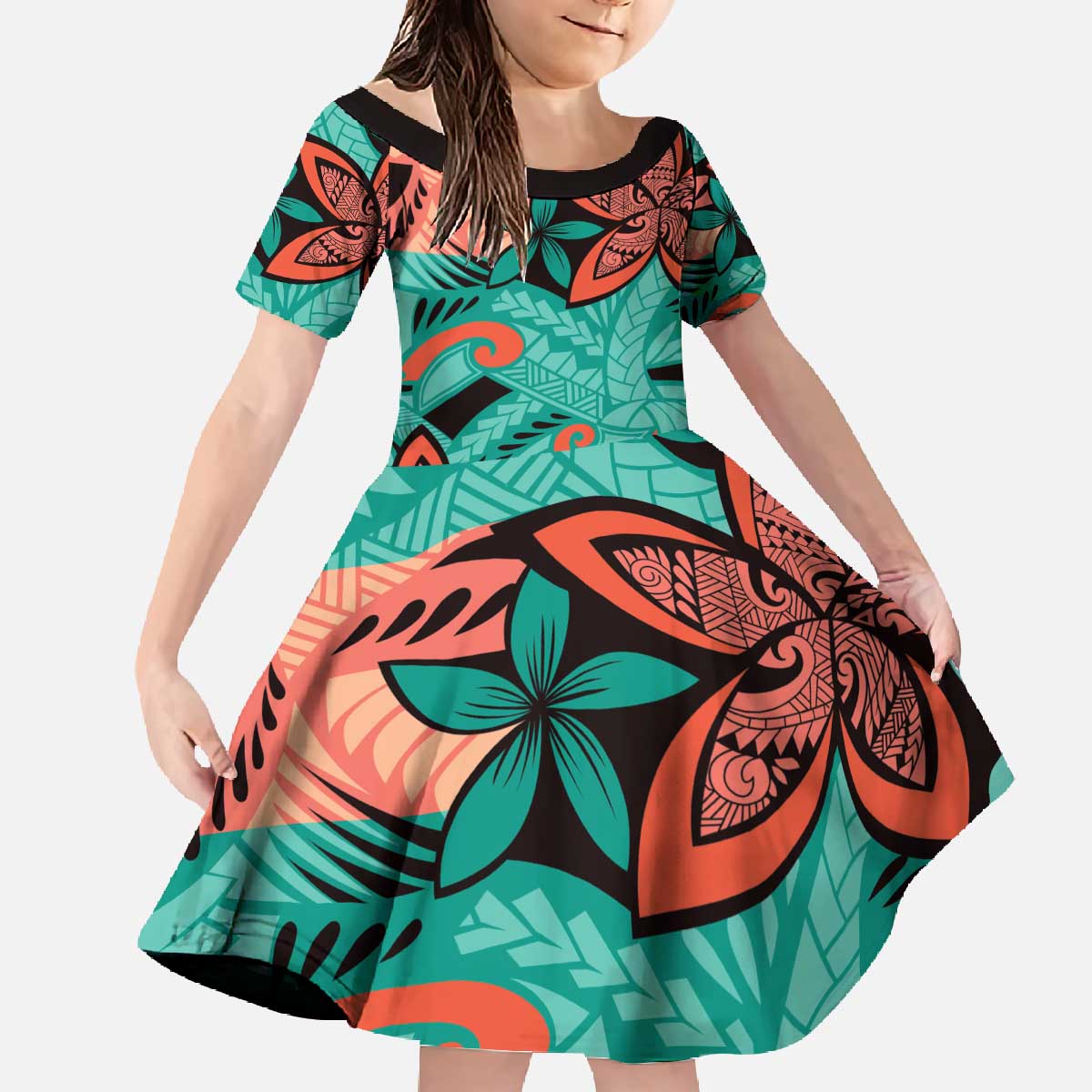 Plumeria Polynesian Pattern Family Matching Off The Shoulder Long Sleeve Dress and Hawaiian Shirt Unique Fantasy Teal Orange