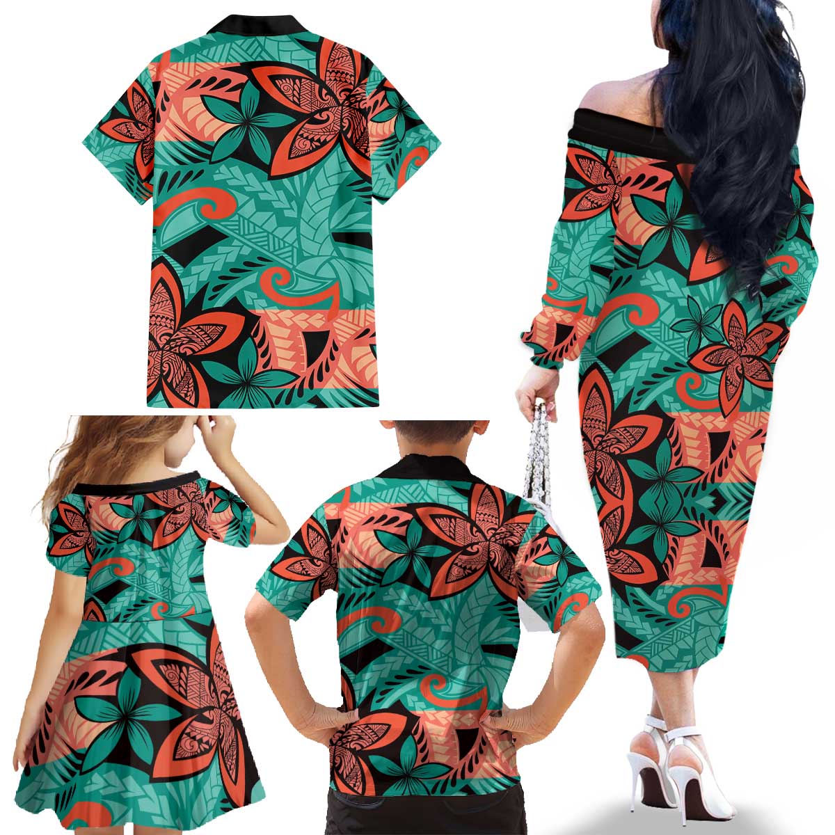 Plumeria Polynesian Pattern Family Matching Off The Shoulder Long Sleeve Dress and Hawaiian Shirt Unique Fantasy Teal Orange