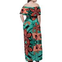 Plumeria Polynesian Pattern Family Matching Off Shoulder Maxi Dress and Hawaiian Shirt Unique Fantasy Teal Orange