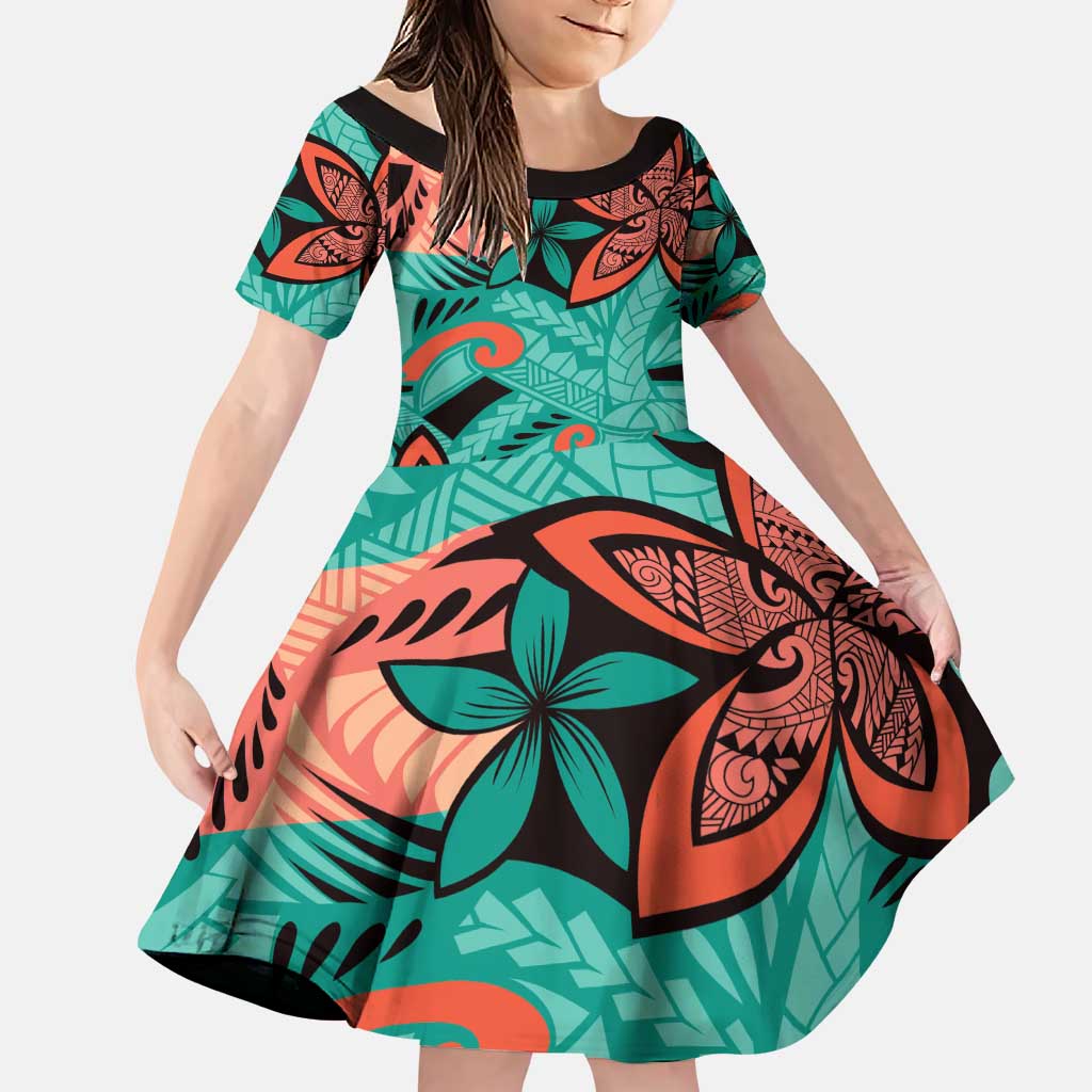 Plumeria Polynesian Pattern Family Matching Puletasi and Hawaiian Shirt Unique Fantasy Teal Orange LT01 Daughter's Dress Teal - Polynesian Pride