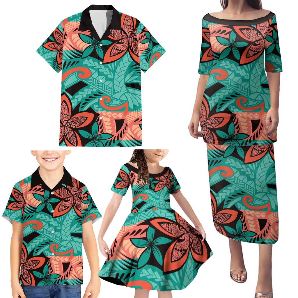 Plumeria Polynesian Pattern Family Matching Puletasi and Hawaiian Shirt Unique Fantasy Teal Orange LT01 - Polynesian Pride