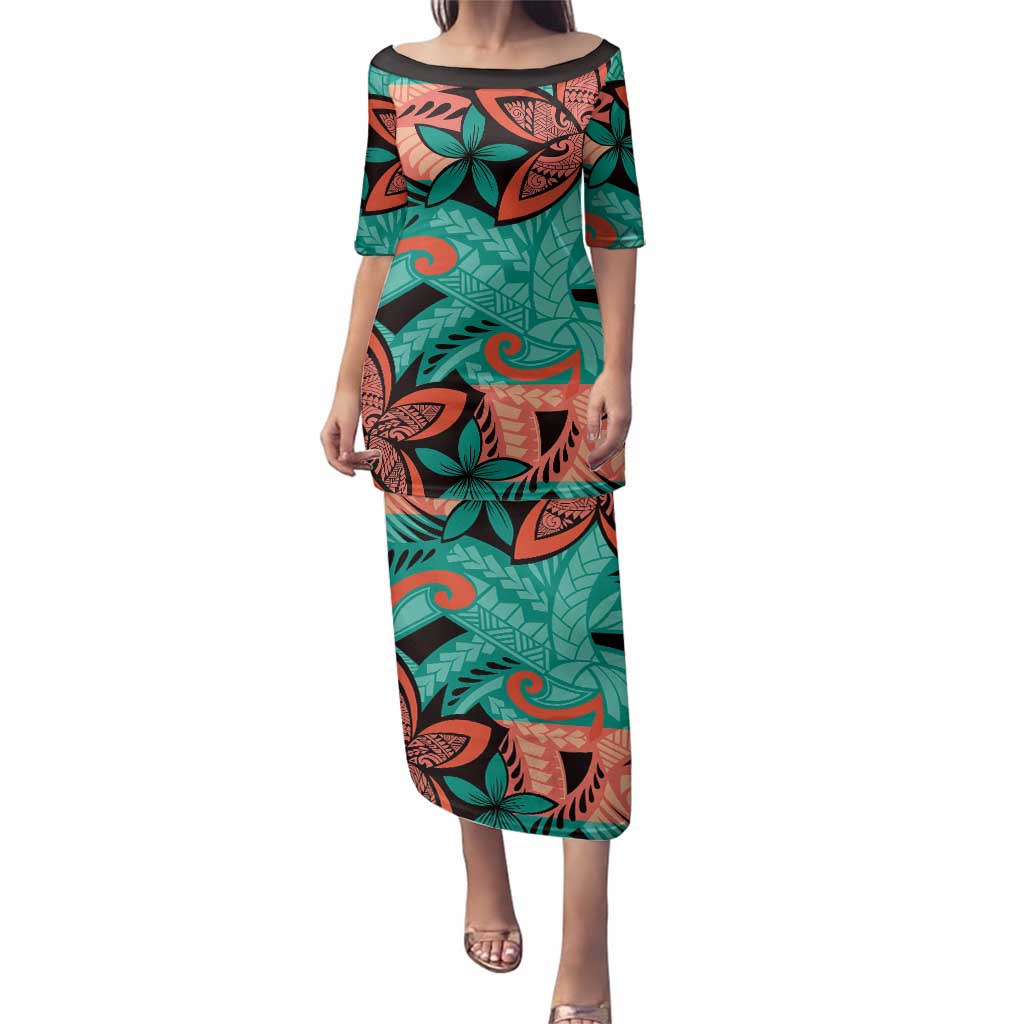 Plumeria Polynesian Pattern Family Matching Puletasi and Hawaiian Shirt Unique Fantasy Teal Orange LT01 Mom's Dress Teal - Polynesian Pride