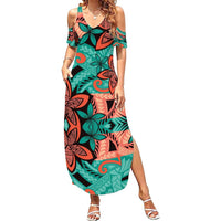 Plumeria Polynesian Pattern Family Matching Summer Maxi Dress and Hawaiian Shirt Unique Fantasy Teal Orange LT01 Mom's Dress Teal - Polynesian Pride