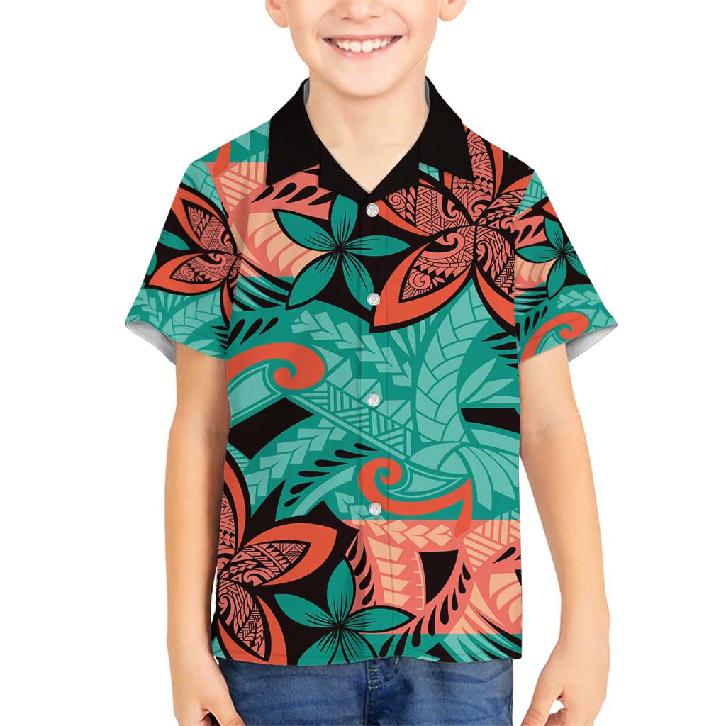 Plumeria Polynesian Pattern Family Matching Tank Maxi Dress and Hawaiian Shirt Unique Fantasy Teal Orange LT01 Son's Shirt Teal - Polynesian Pride