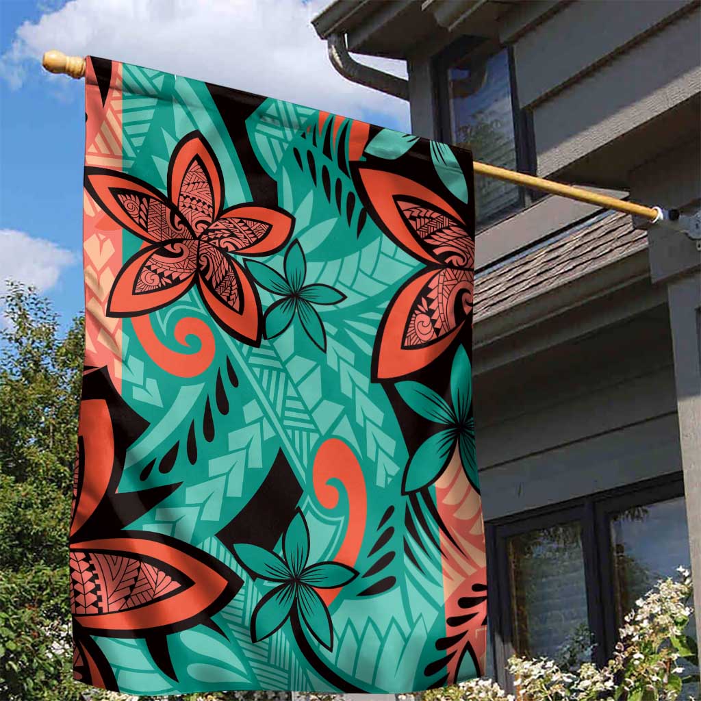 Plumeria Polynesian Pattern Garden Flag Unique Fantasy Teal Orange