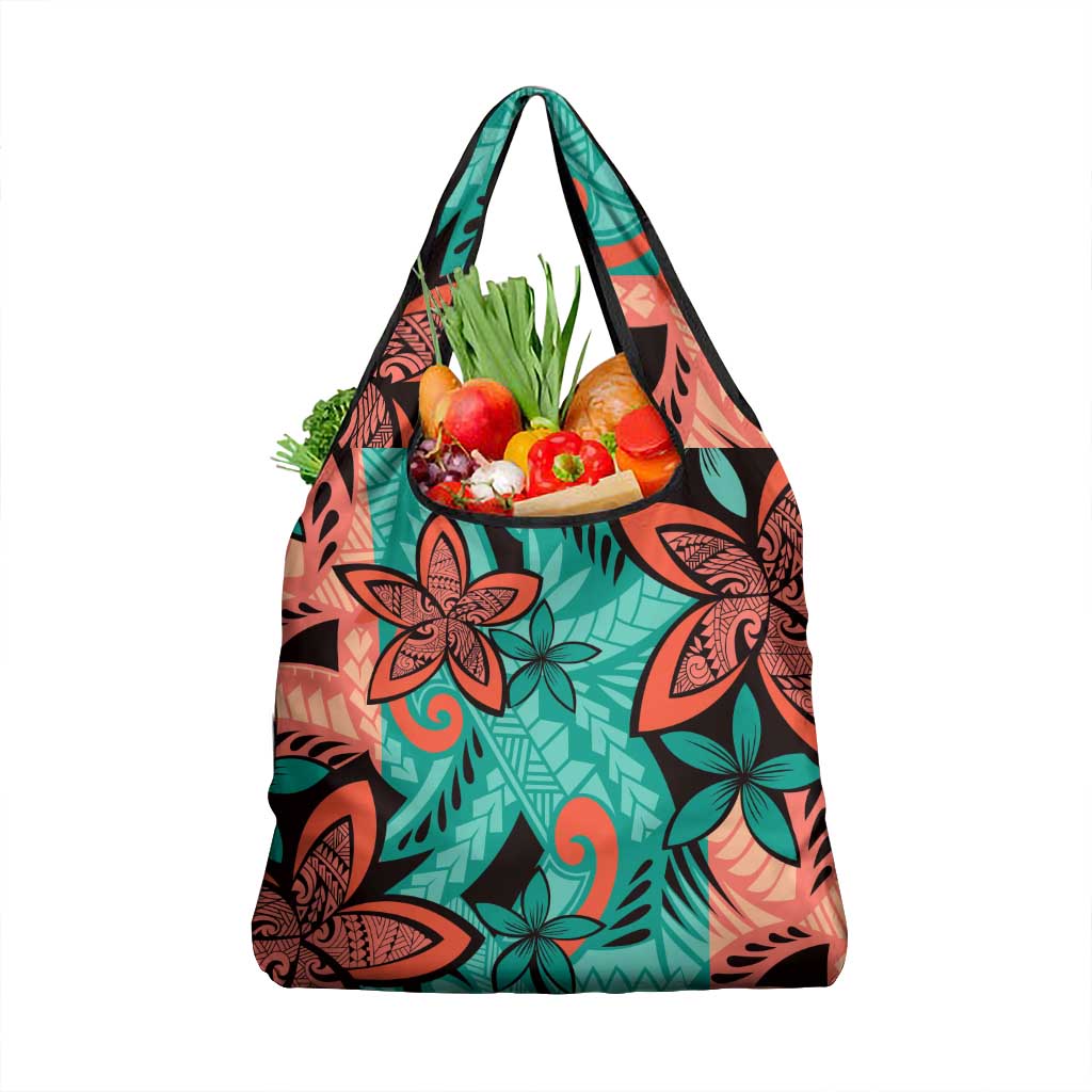Plumeria Polynesian Pattern Grocery Bag Unique Fantasy Teal Orange LT01 1-pack One Size Teal - Polynesian Pride