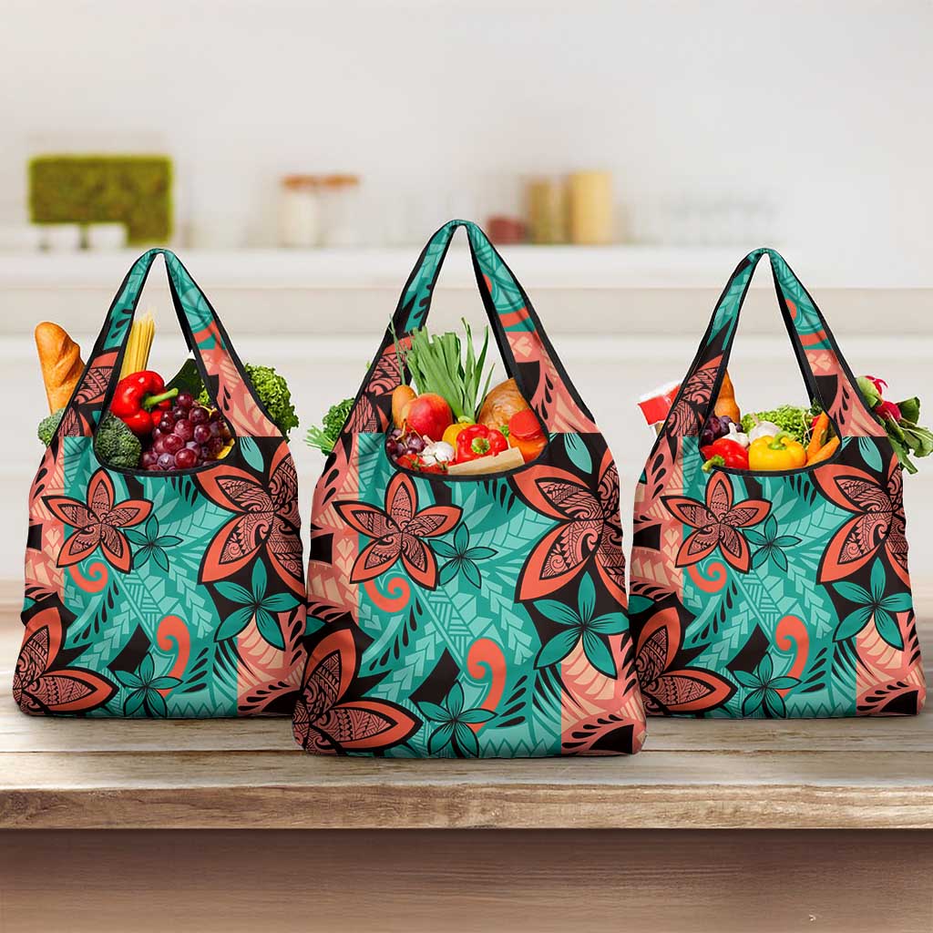 Plumeria Polynesian Pattern Grocery Bag Unique Fantasy Teal Orange LT01 3-pack One Size Teal - Polynesian Pride