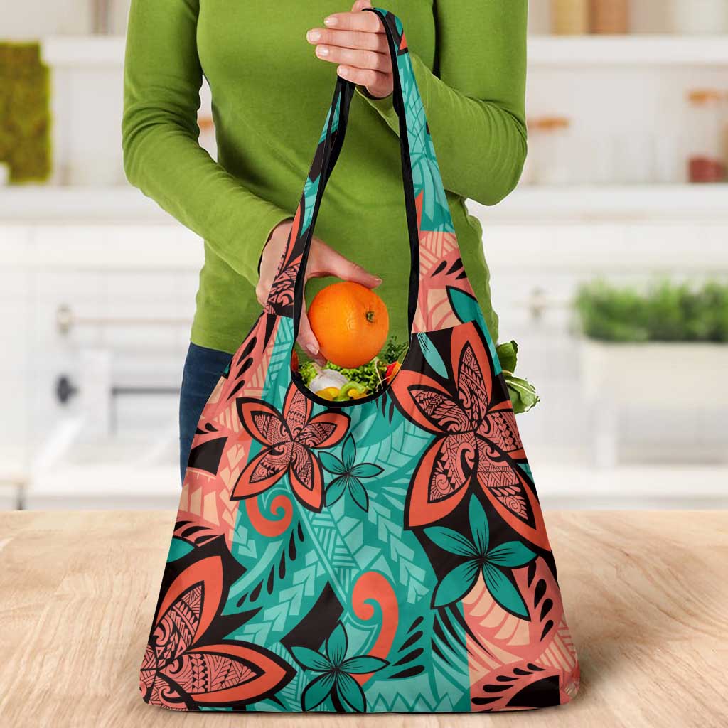 Plumeria Polynesian Pattern Grocery Bag Unique Fantasy Teal Orange LT01 - Polynesian Pride