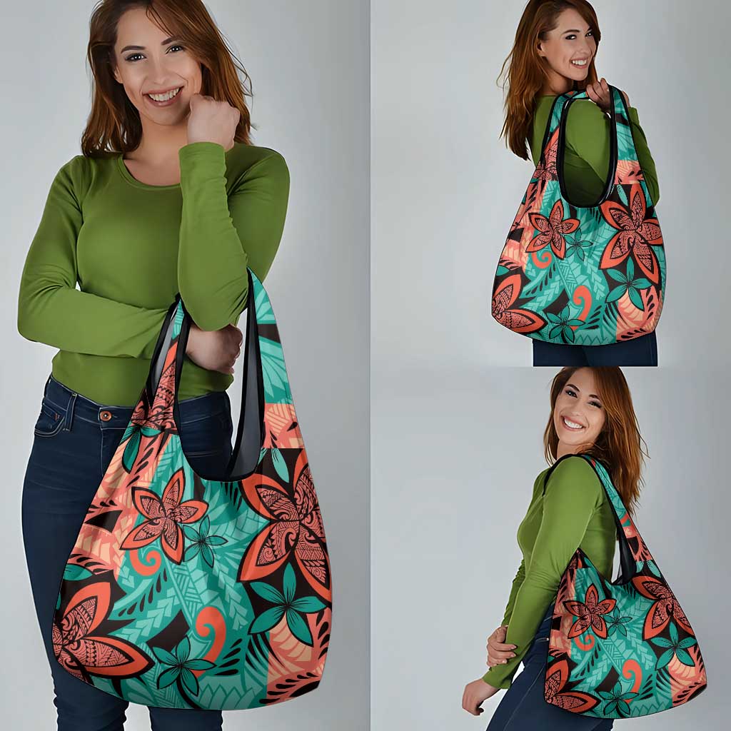 Plumeria Polynesian Pattern Grocery Bag Unique Fantasy Teal Orange LT01 - Polynesian Pride