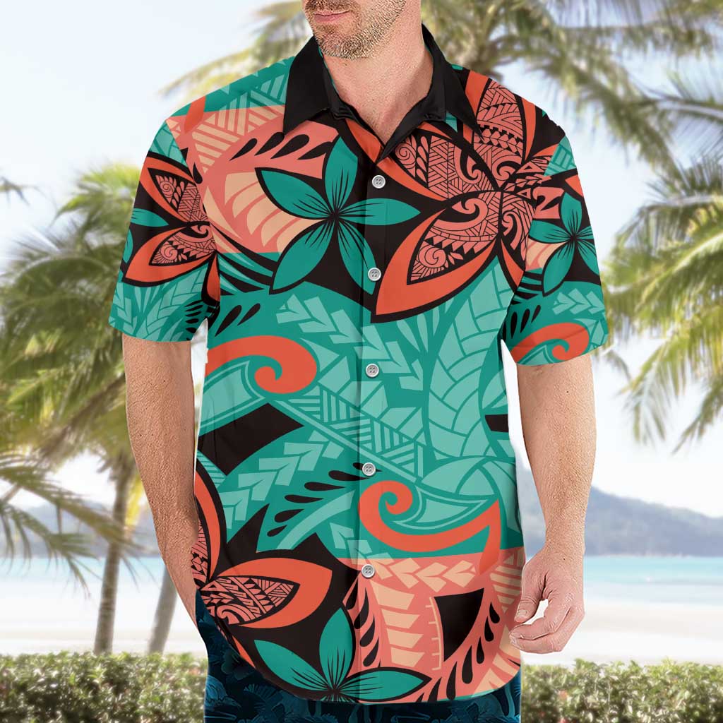 Plumeria Polynesian Pattern Hawaiian Shirt Unique Fantasy Teal Orange