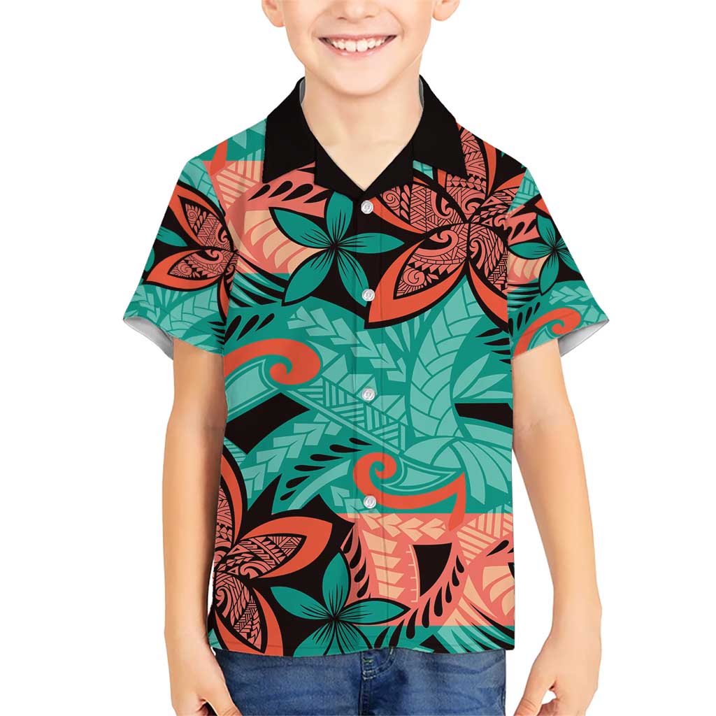 Plumeria Polynesian Pattern Hawaiian Shirt Unique Fantasy Teal Orange