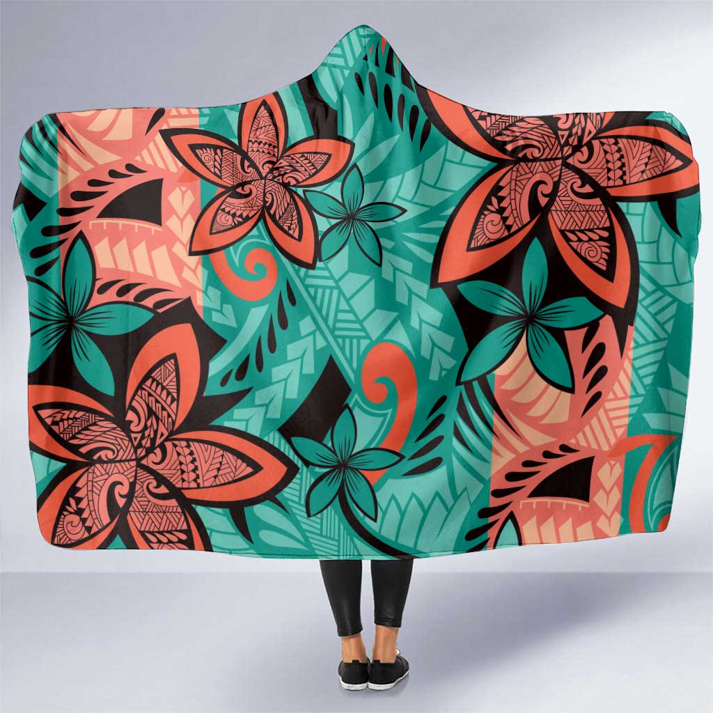 Plumeria Polynesian Pattern Hooded Blanket Unique Fantasy Teal Orange