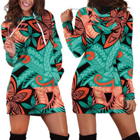 Plumeria Polynesian Pattern Hoodie Dress Unique Fantasy Teal Orange