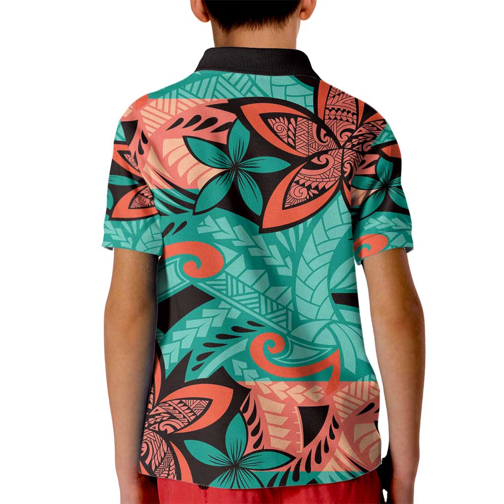 Plumeria Polynesian Pattern Kid Polo Shirt Unique Fantasy Teal Orange LT01 - Polynesian Pride