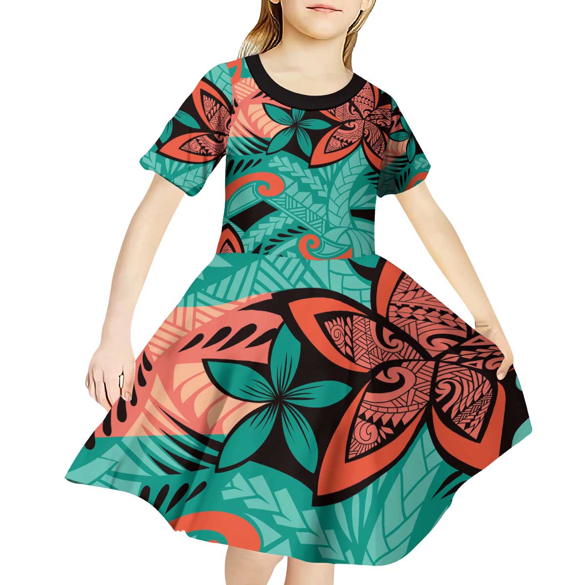Plumeria Polynesian Pattern Kid Short Sleeve Dress Unique Fantasy Teal Orange