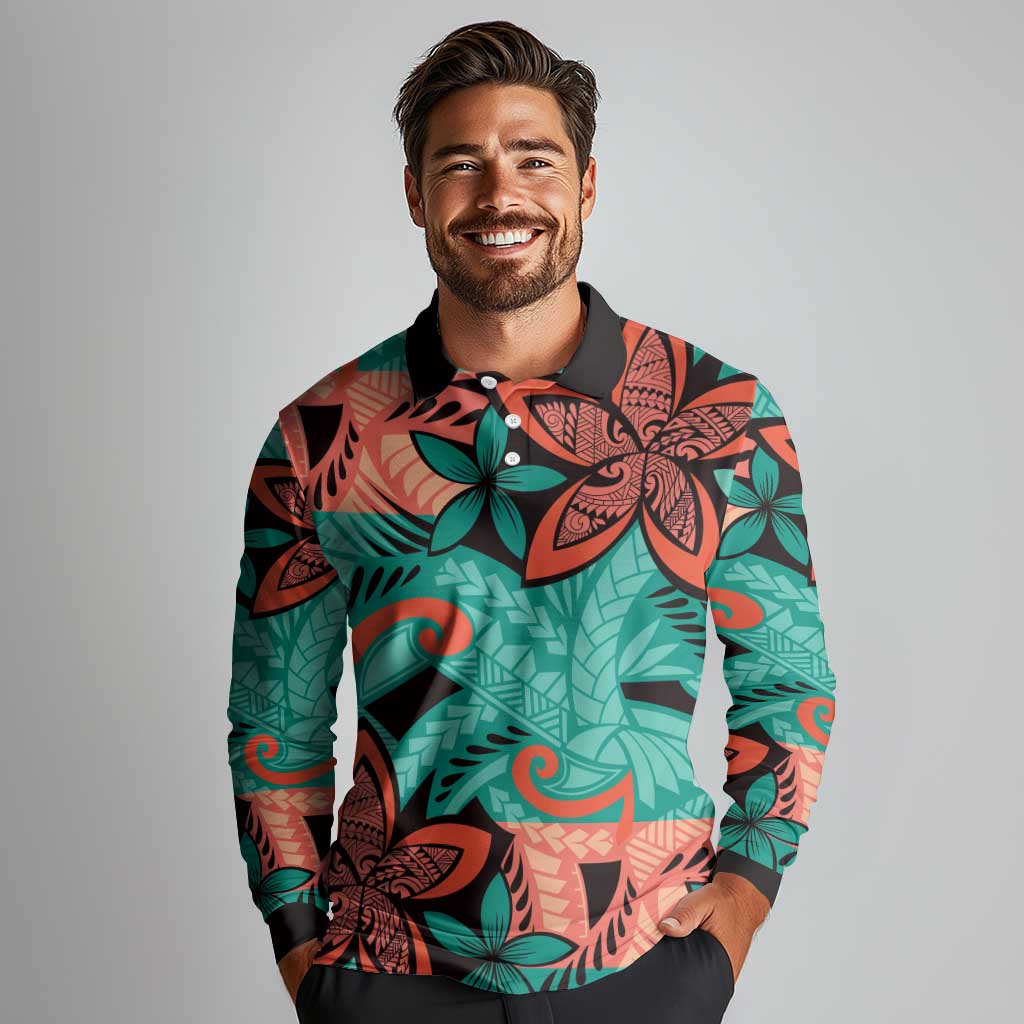 Plumeria Polynesian Pattern Long Sleeve Polo Shirt Unique Fantasy Teal Orange LT01 - Polynesian Pride
