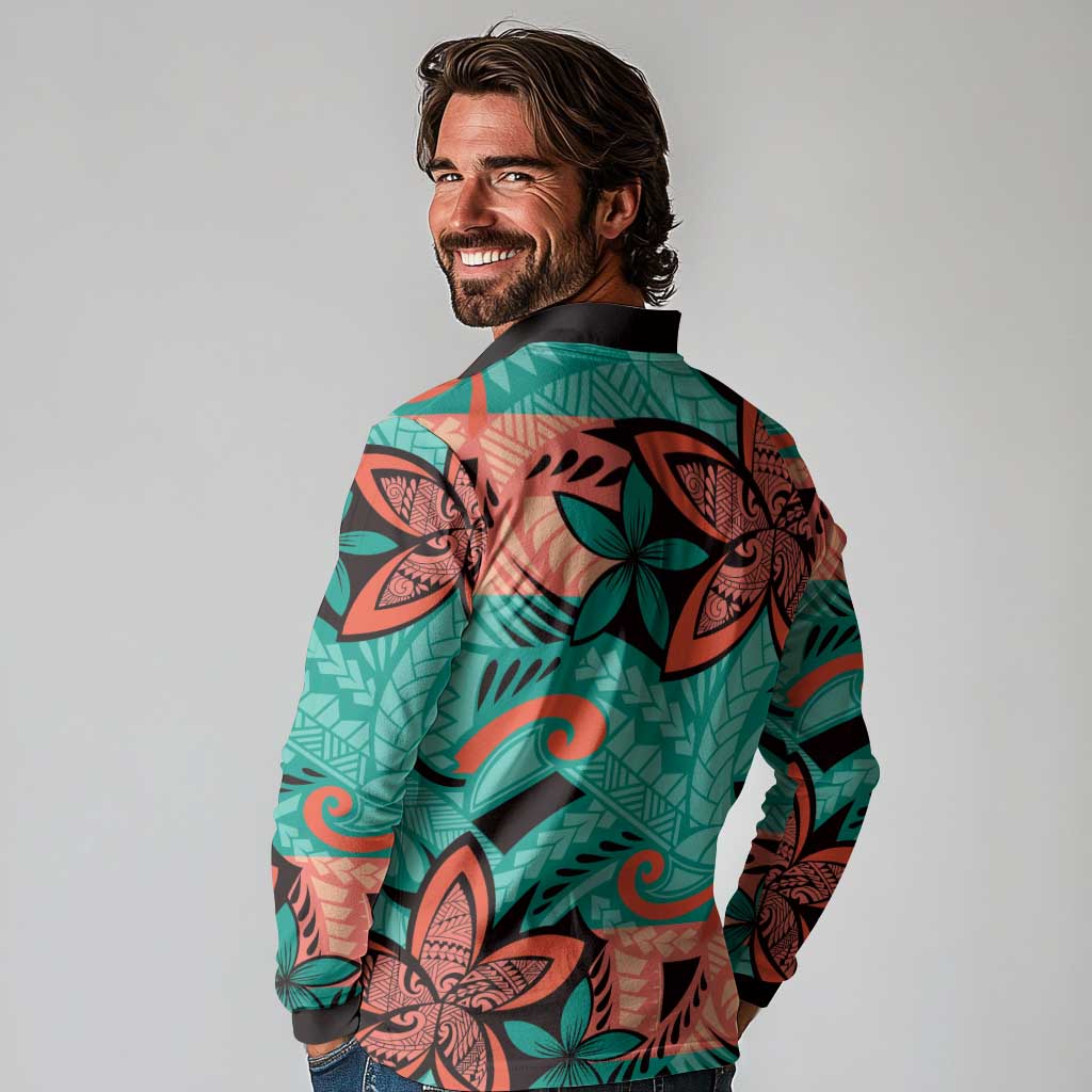 Plumeria Polynesian Pattern Long Sleeve Polo Shirt Unique Fantasy Teal Orange LT01 - Polynesian Pride