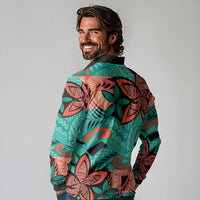 Plumeria Polynesian Pattern Long Sleeve Polo Shirt Unique Fantasy Teal Orange LT01 - Polynesian Pride