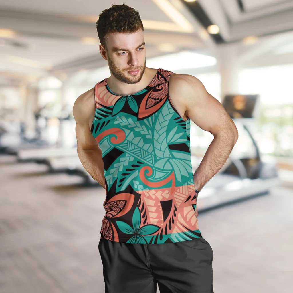 Plumeria Polynesian Pattern Men Tank Top Unique Fantasy Teal Orange
