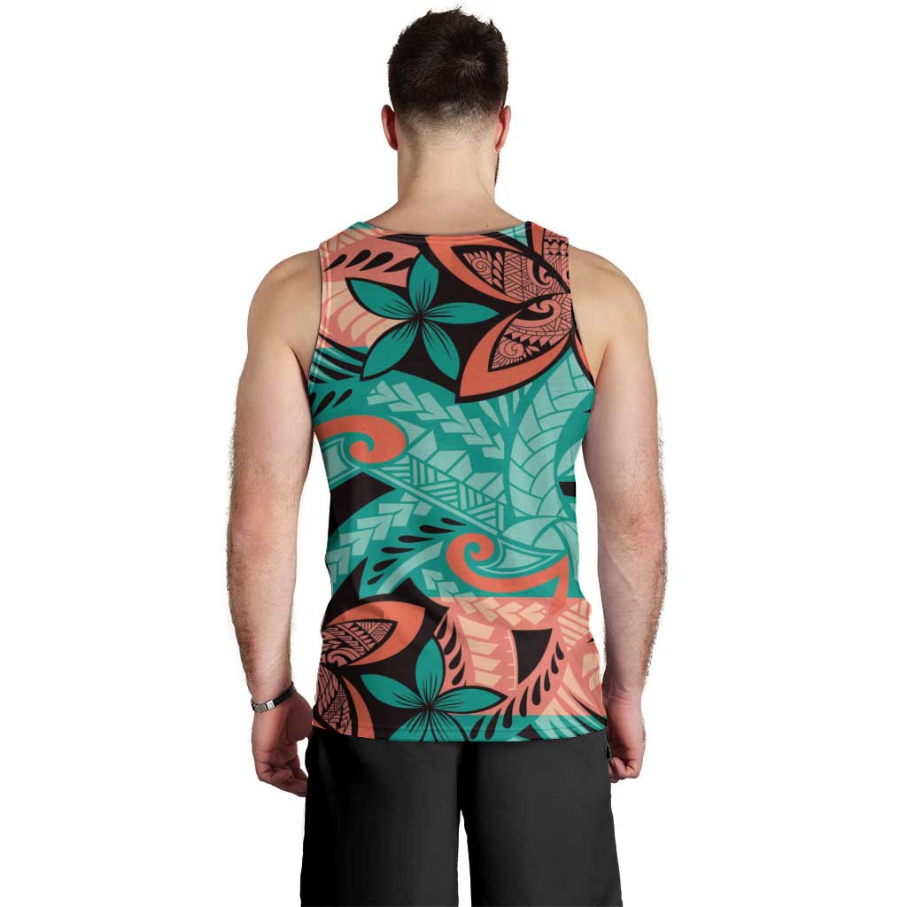 Plumeria Polynesian Pattern Men Tank Top Unique Fantasy Teal Orange